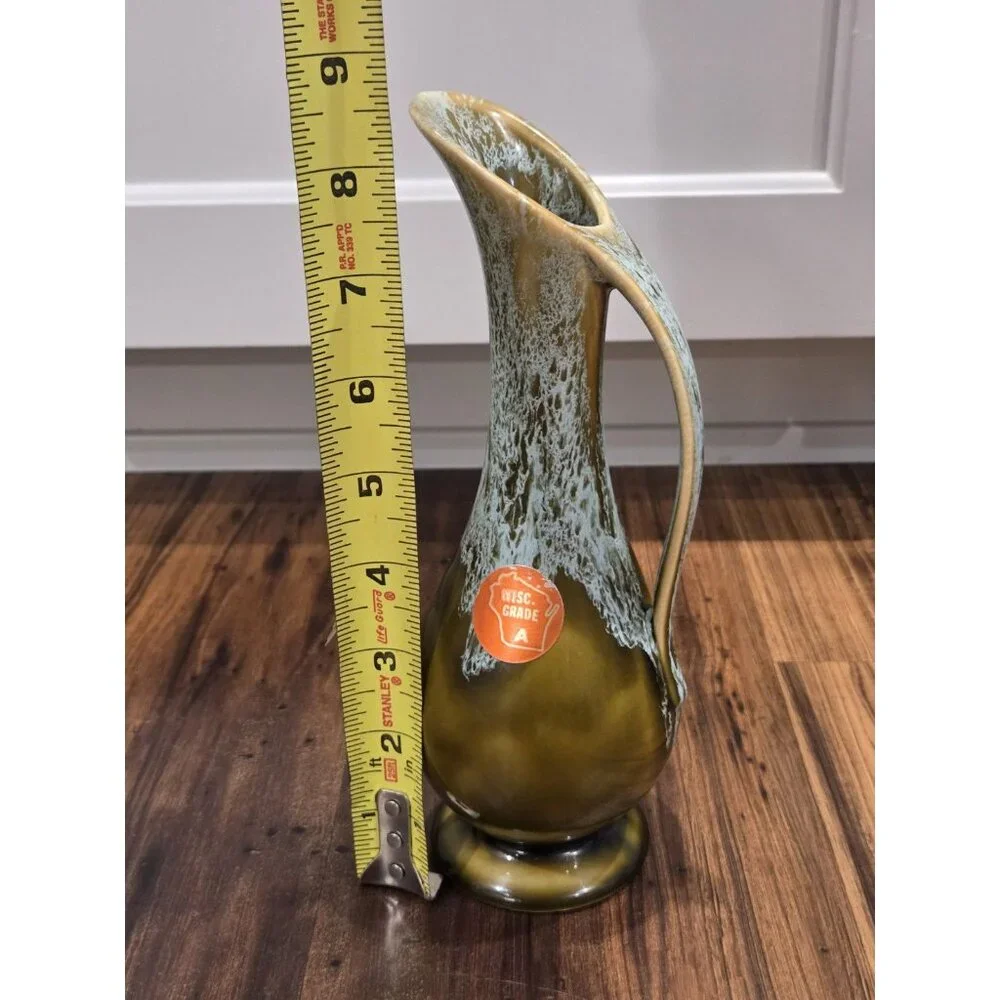 Vintage USA Drip Glaze Pottery Ewer Vase Olive Green Aqua MCM 9” Pitcher